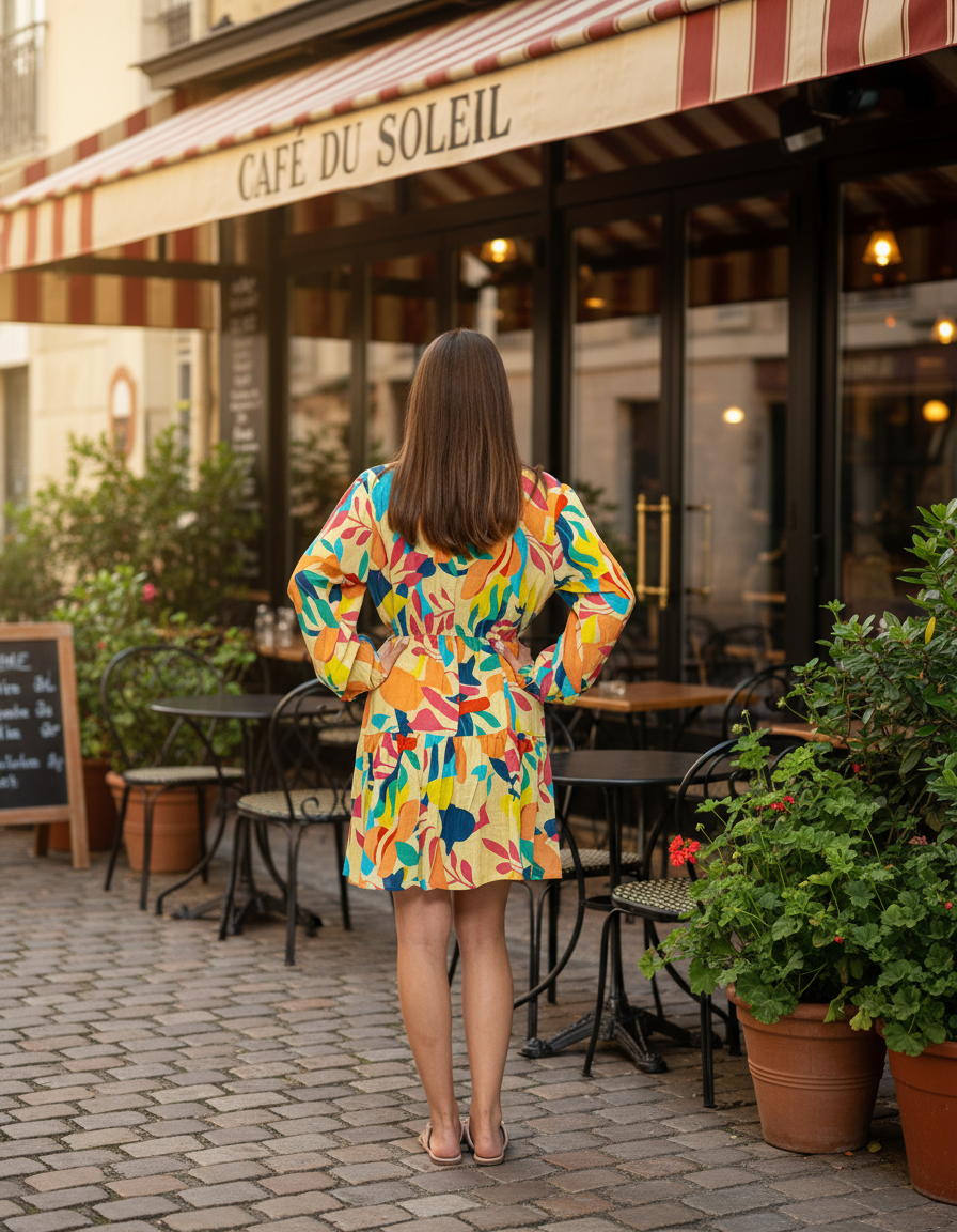 Multi Color Short Dress with Balloon Sleeves (DK219)