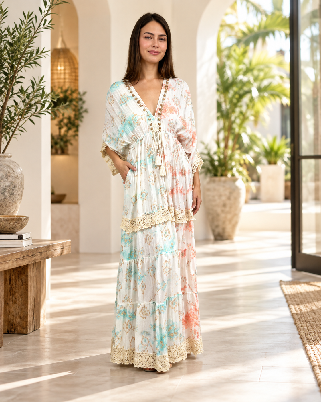 Elegant Patchwork Maxi Dress with Relaxed Fit (DK-2070)