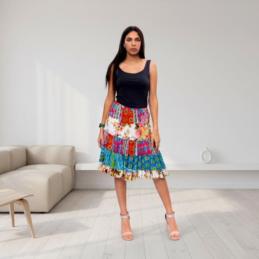 Cotton Patchwork 5 Tier Knee Length Skirt - SK-3004