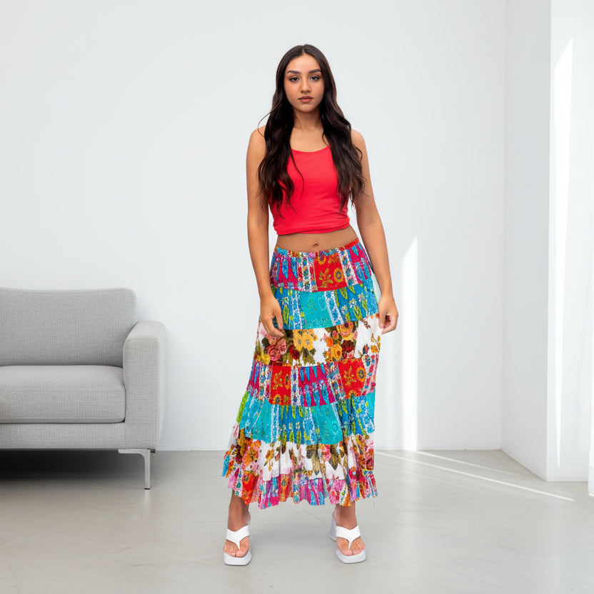Cotton Patchwork 8 Tier Maxi Skirt - SK-3005