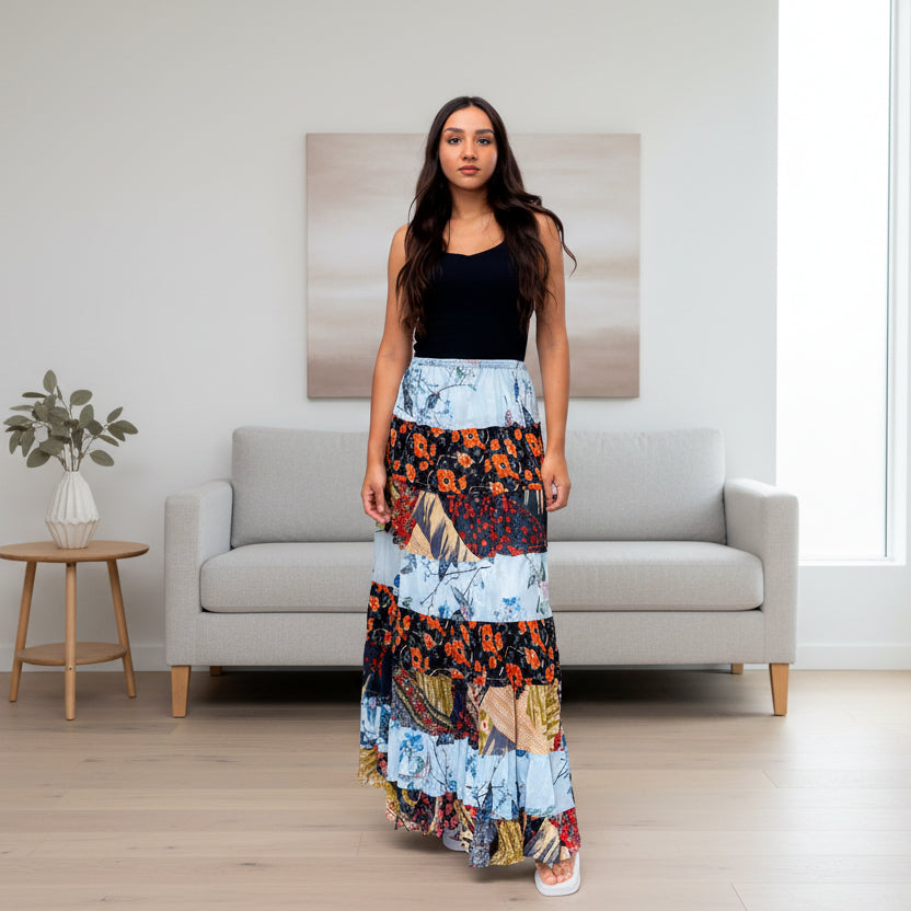 Cotton Patchwork 8 Tier Maxi Skirt - SK-3002