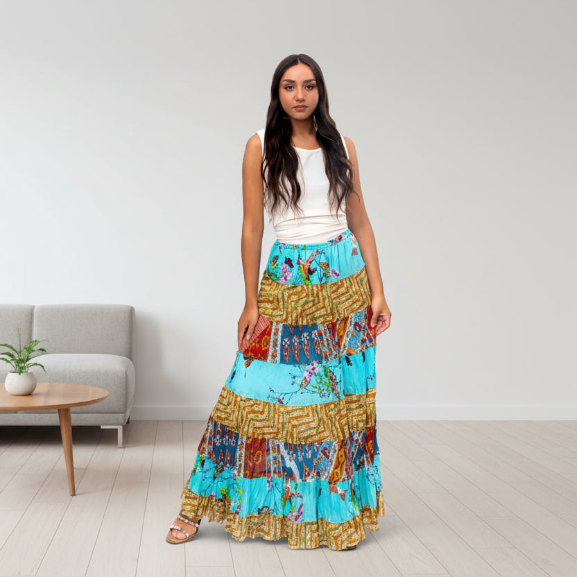 Cotton Patchwork 8 Tier Maxi Skirt - SK-3008