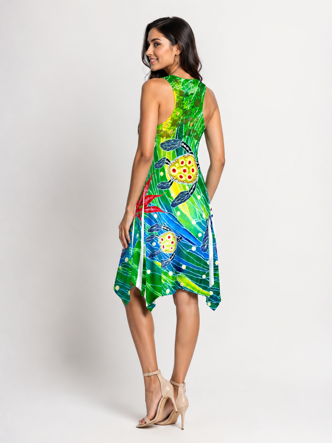 Women's Green Tropical Print Tank Beach Cover-Up Dress - CHD-02
