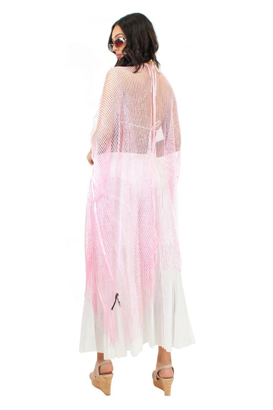 Pink Long Lurex Metallic Striped Front Open Cover-Up with Fringe Hem - CHT-4-230
