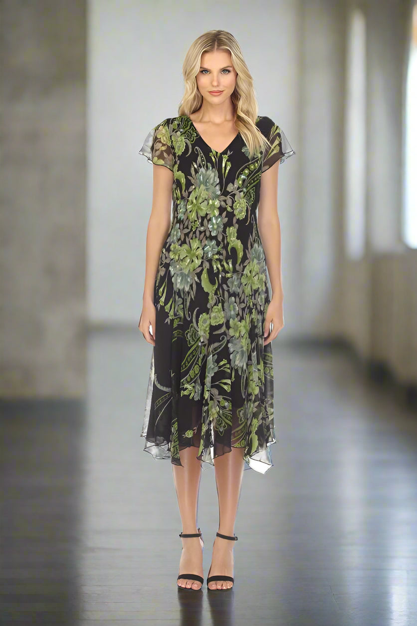 Black & Green A-line Floral Printed Midi Dress - DK 3283