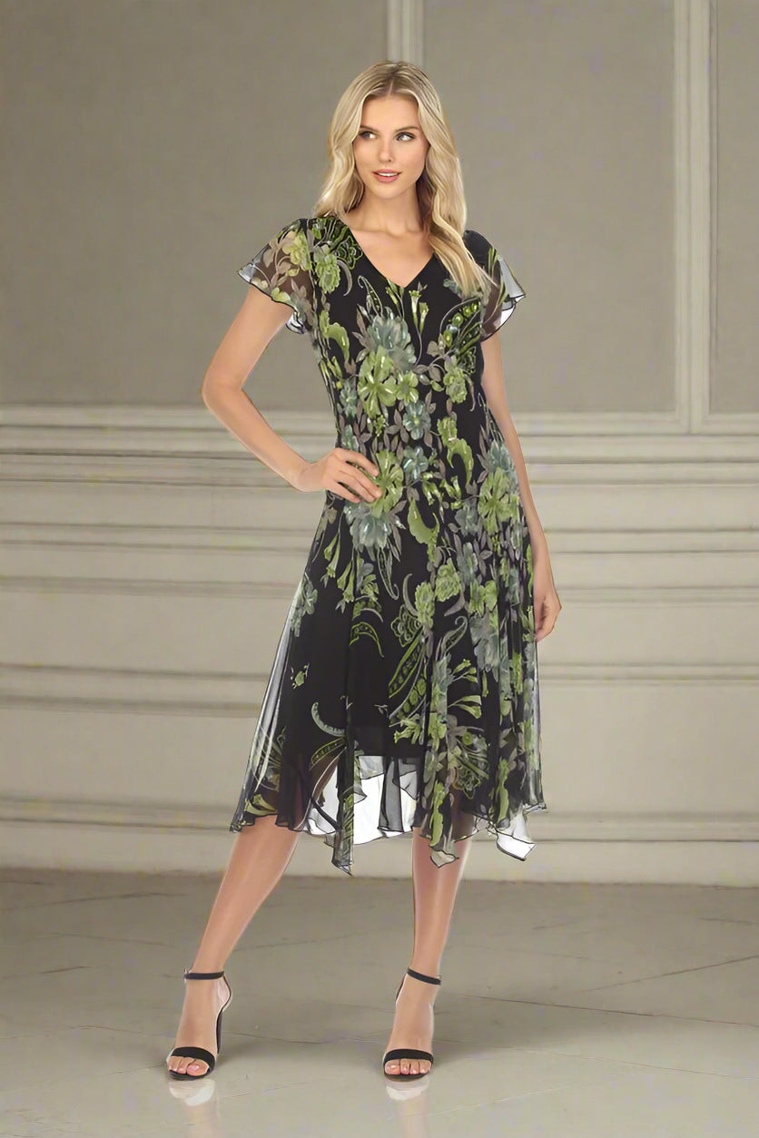Black & Green A-line Floral Printed Midi Dress - DK 3283