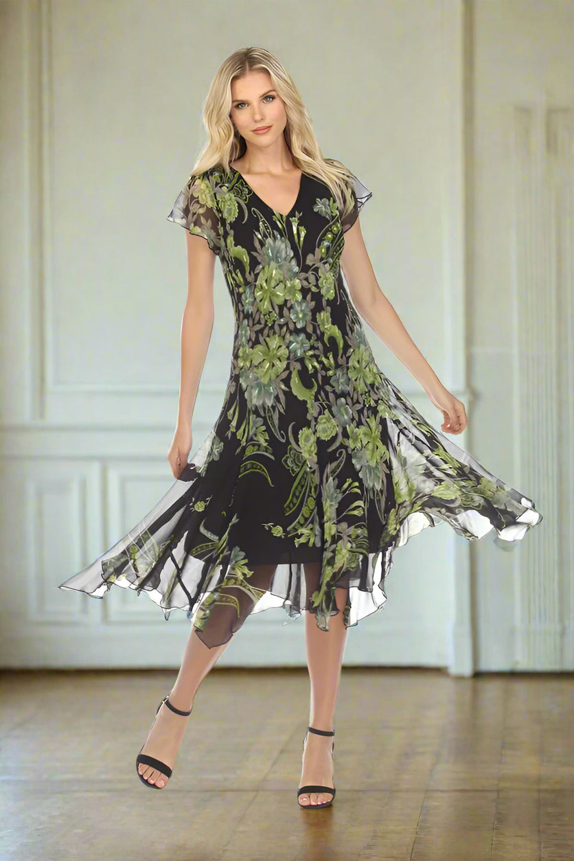 Black & Green A-line Floral Printed Midi Dress - DK 3283