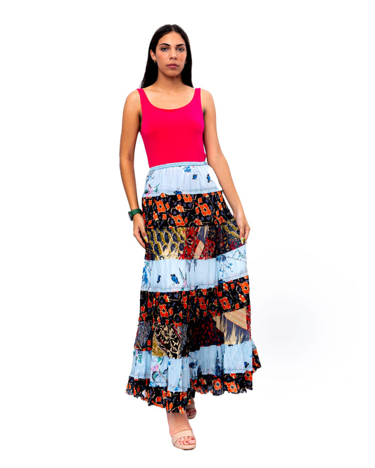 Eight tiered Long ruffle skirt. In Multi.