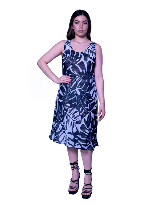 Black Leaf Print Reversible Midi Dress