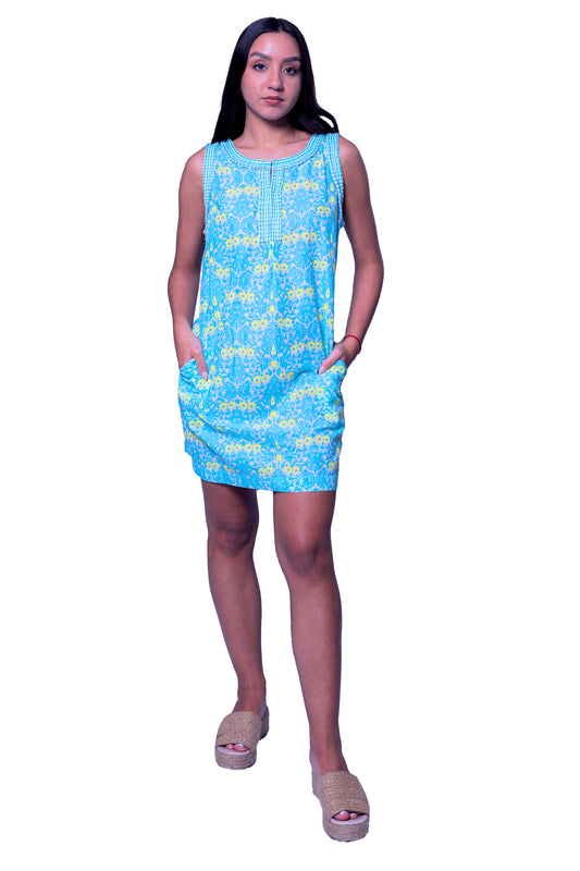 Printed Short Dress with Pockets in Turquoise