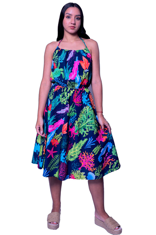 Halter Neck Sea themed Multi Printed Frock style Dress - Navy