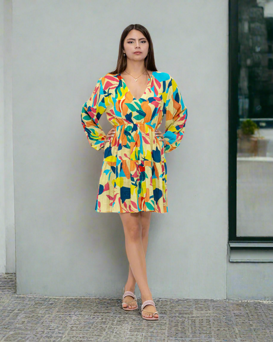 Multi Color Short Dress with Balloon Sleeves (DK219)