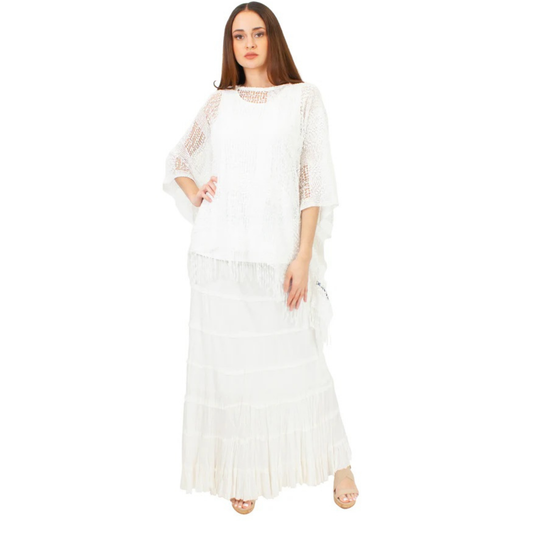 White Net Cover-Up with Long Fringe Hem - CHT4017