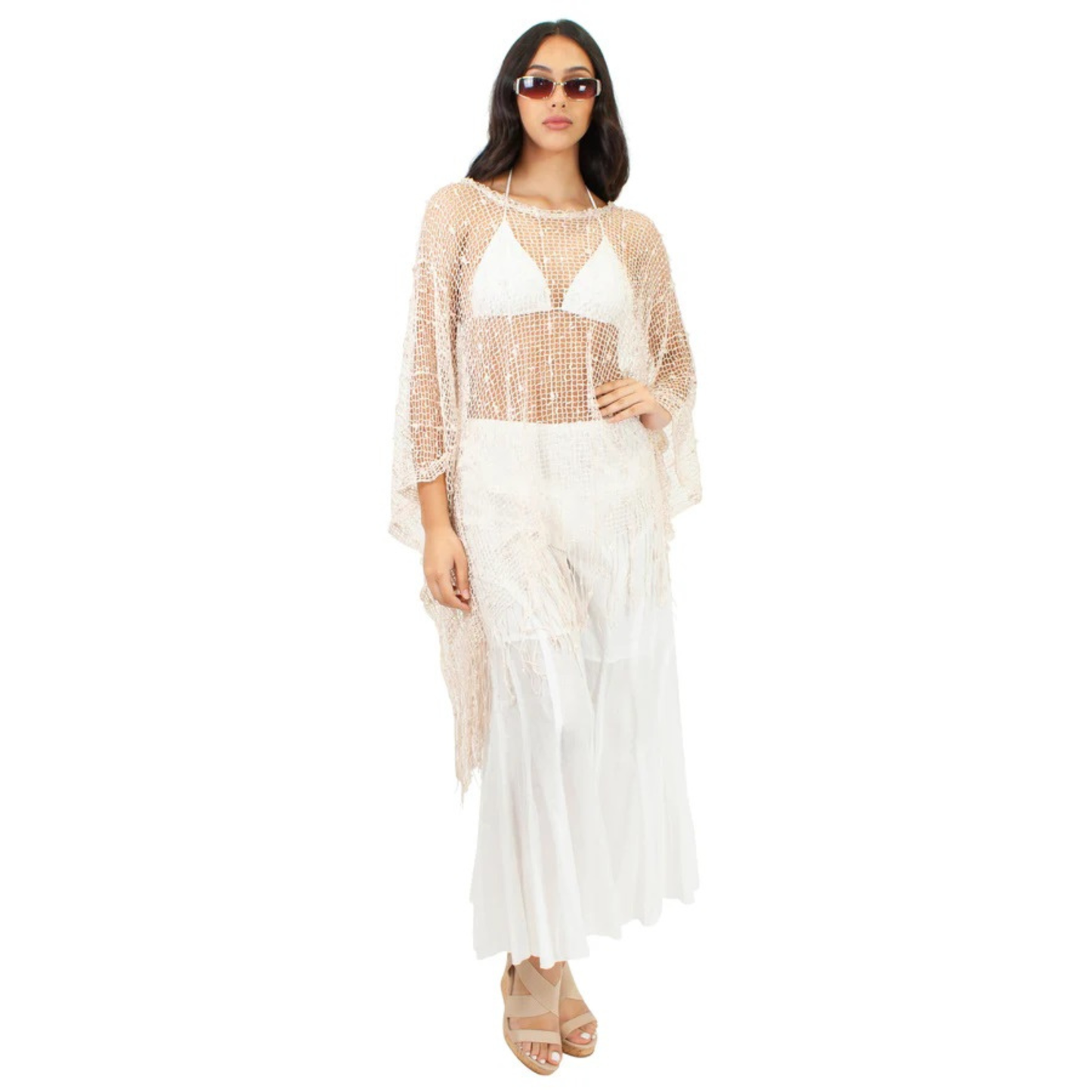 Beige Net Cover-Up with Long Fringe Hem - CHT4017