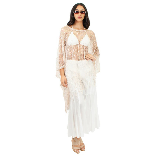 Beige Net Cover-Up with Long Fringe Hem - CHT4017