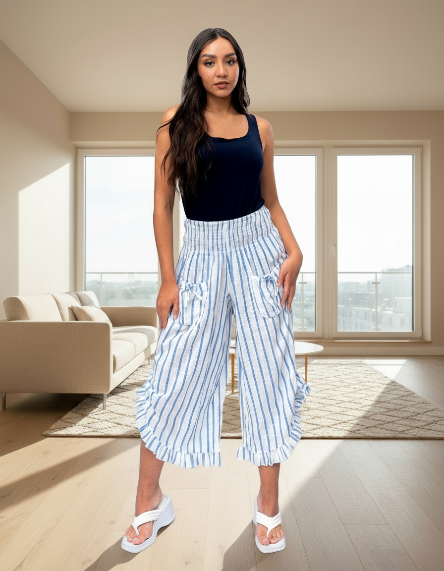 Rayon Vertical Stripes Printed Pants in Blue (P-100)