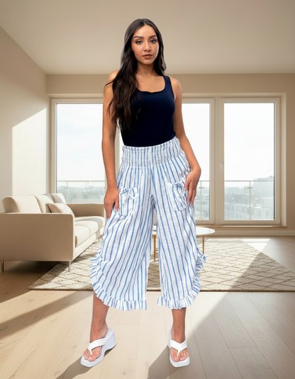 Rayon Vertical Stripes Printed Pants in Blue (P-100)