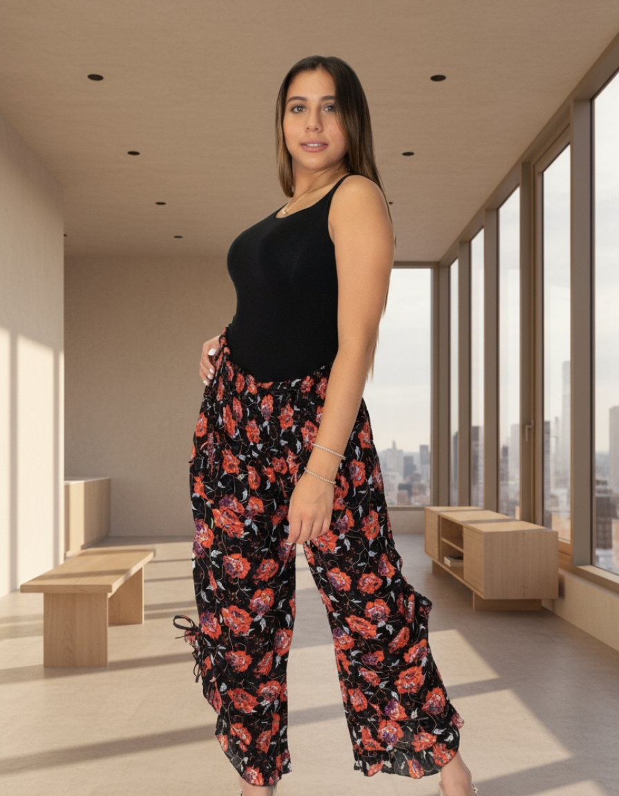 Rayon Floral Printed Pants in Black (P-15)