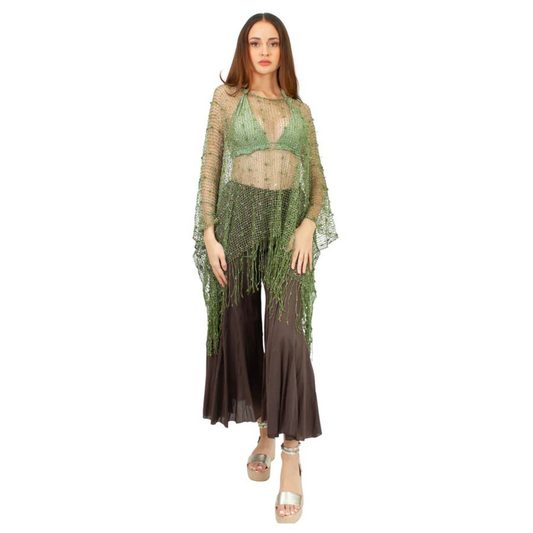 Green Net Cover-Up with Long Fringe Hem - CHT4017