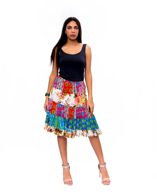 Cotton Patchwork 5 Tier Knee Length Skirt - SK-3004