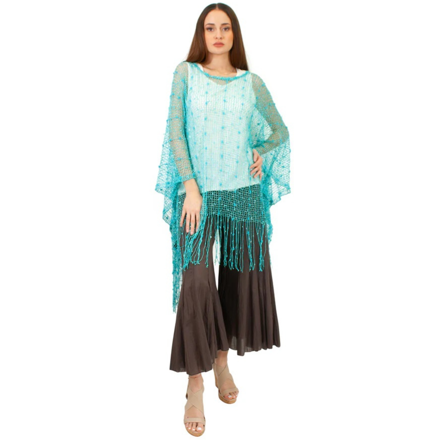 Beige Net Cover-Up with Long Fringe Hem - CHT4017
