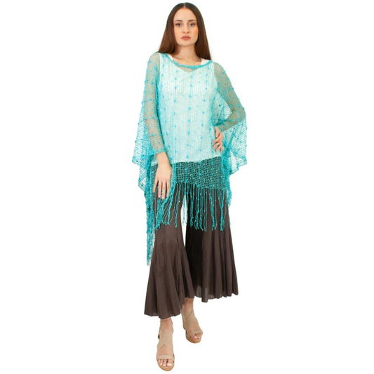 Turquoise Net Cover-Up with Long Fringe Hem - CHT4017