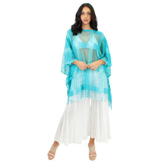 Blue Net Cover-Up with Long Fringe Hem - CHT4017