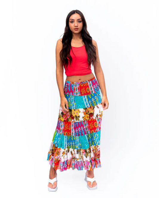 Cotton Patchwork 8 Tier Maxi Skirt - SK-3005