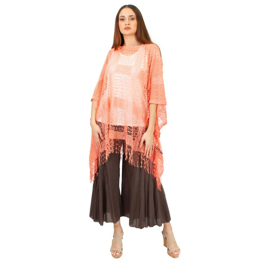 Coral Net Cover-Up with Long Fringe Hem - CHT4017