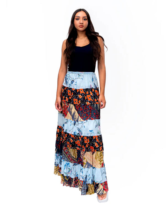 Cotton Patchwork 8 Tier Maxi Skirt - SK-3002