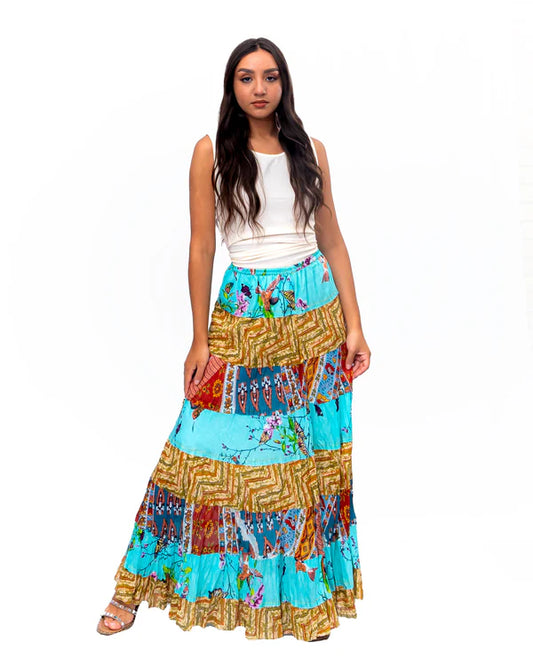 Cotton Patchwork 8 Tier Maxi Skirt - SK-3008