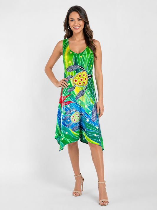 Women's Green Tropical Print Tank Beach Cover-Up Dress - CHD-02