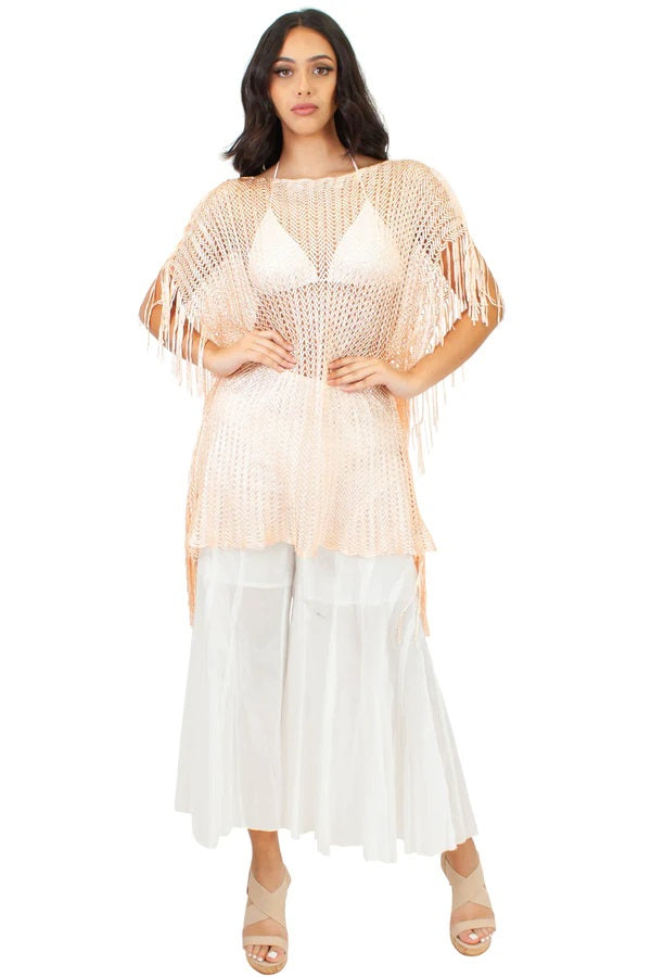 Peach Net Cover-Up Dress with Fringe Sleeve - CHD-4-210