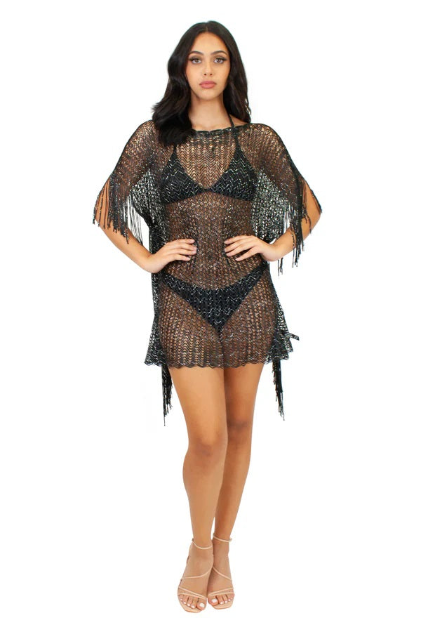 Peach Net Cover-Up Dress with Fringe Sleeve - CHD-4-210