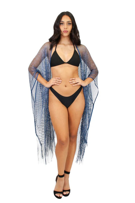 Blue Long Lurex Metallic Striped Front Open Cover-Up with Fringe Hem - CHT-4-230