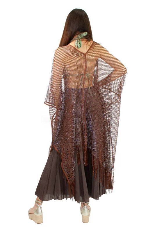 Brown Long Lurex Metallic Striped Front Open Cover-Up with Fringe Hem - CHT-4-230