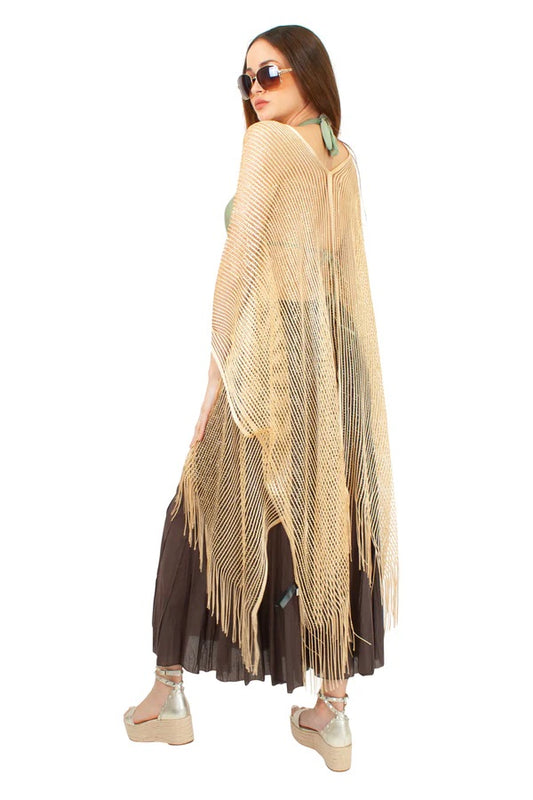 Beige Long Lurex Metallic Striped Front Open Cover-Up with Fringe Hem - CHT-4-230