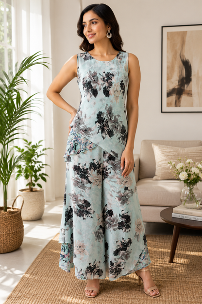 Reversible Sea Blue Flower Printed Poly Chiffon Pant Set - 1289 2859