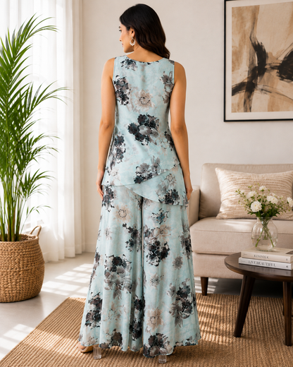 Reversible Sea Blue Flower Printed Poly Chiffon Pant Set - 1289 2859