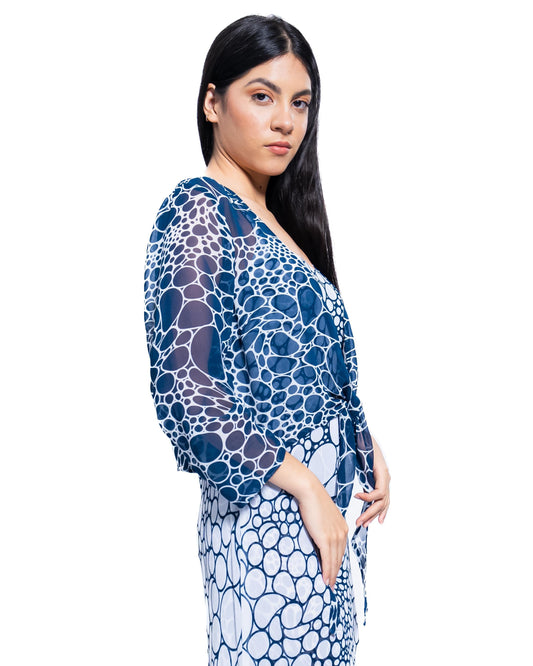 Navy Bubble Printed Poly Chiffon Shrug - 3825