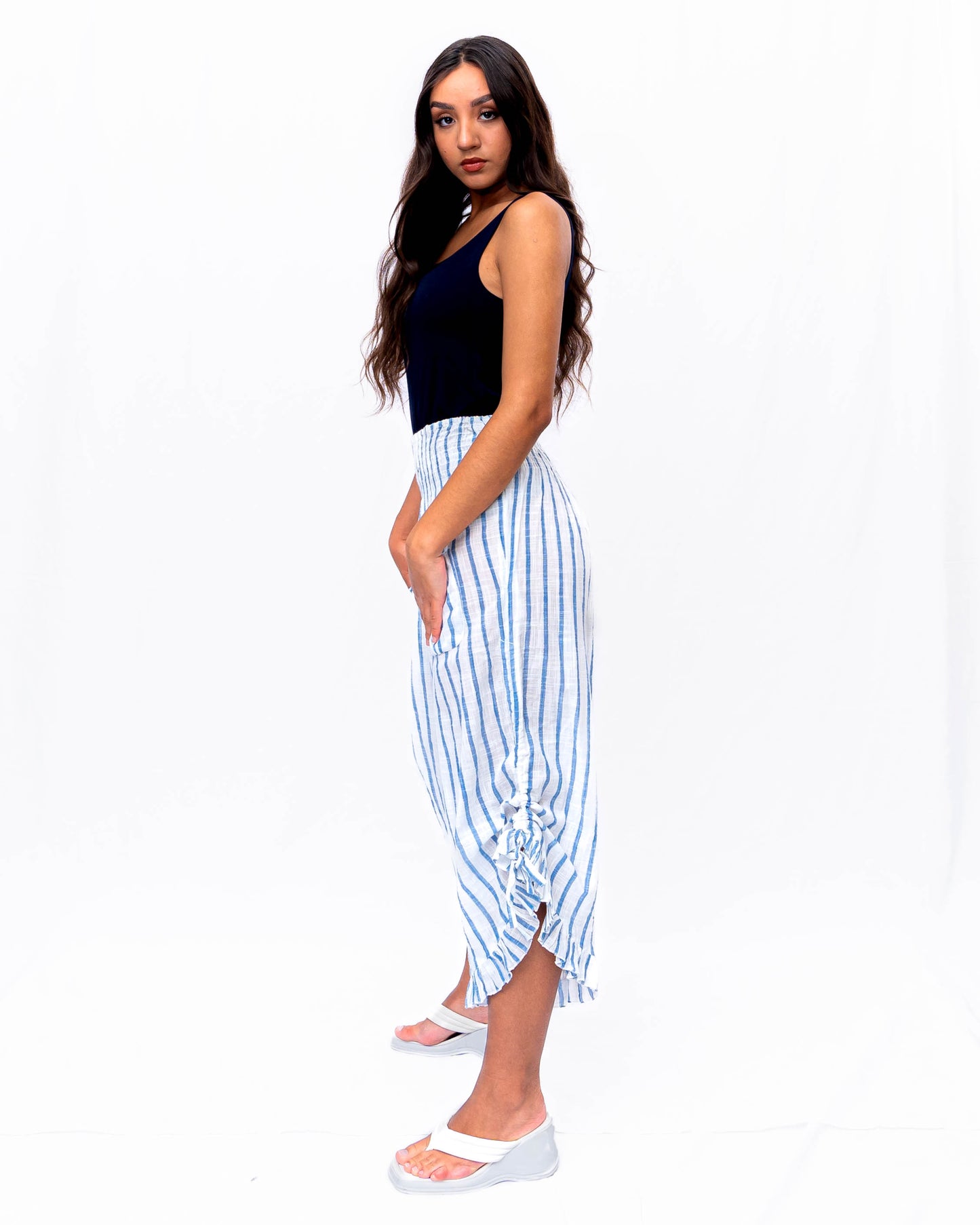 Rayon Vertical Stripes Printed Pants in Blue (P-100)