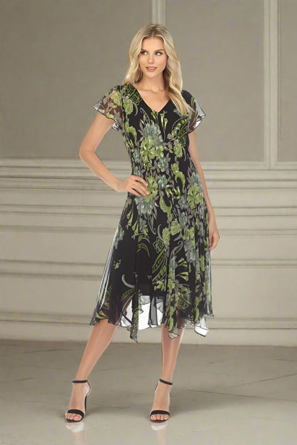 Black & Green A-line Floral Printed Midi Dress - DK 3283