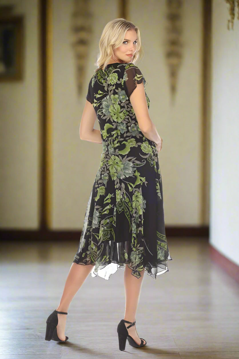 Black & Green A-line Floral Printed Midi Dress - DK 3283