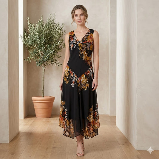 Black A-line Floral Printed Midi Dress - DK 2327