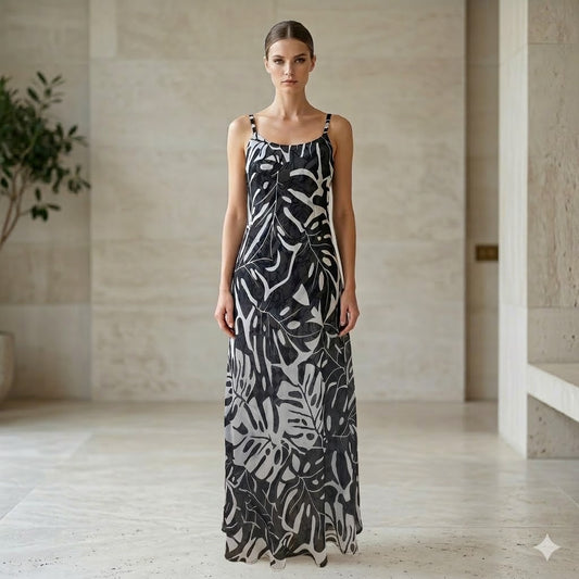 Reversible Black Poly Chiffon Monstera Leaf Maxi Dress- DK 682