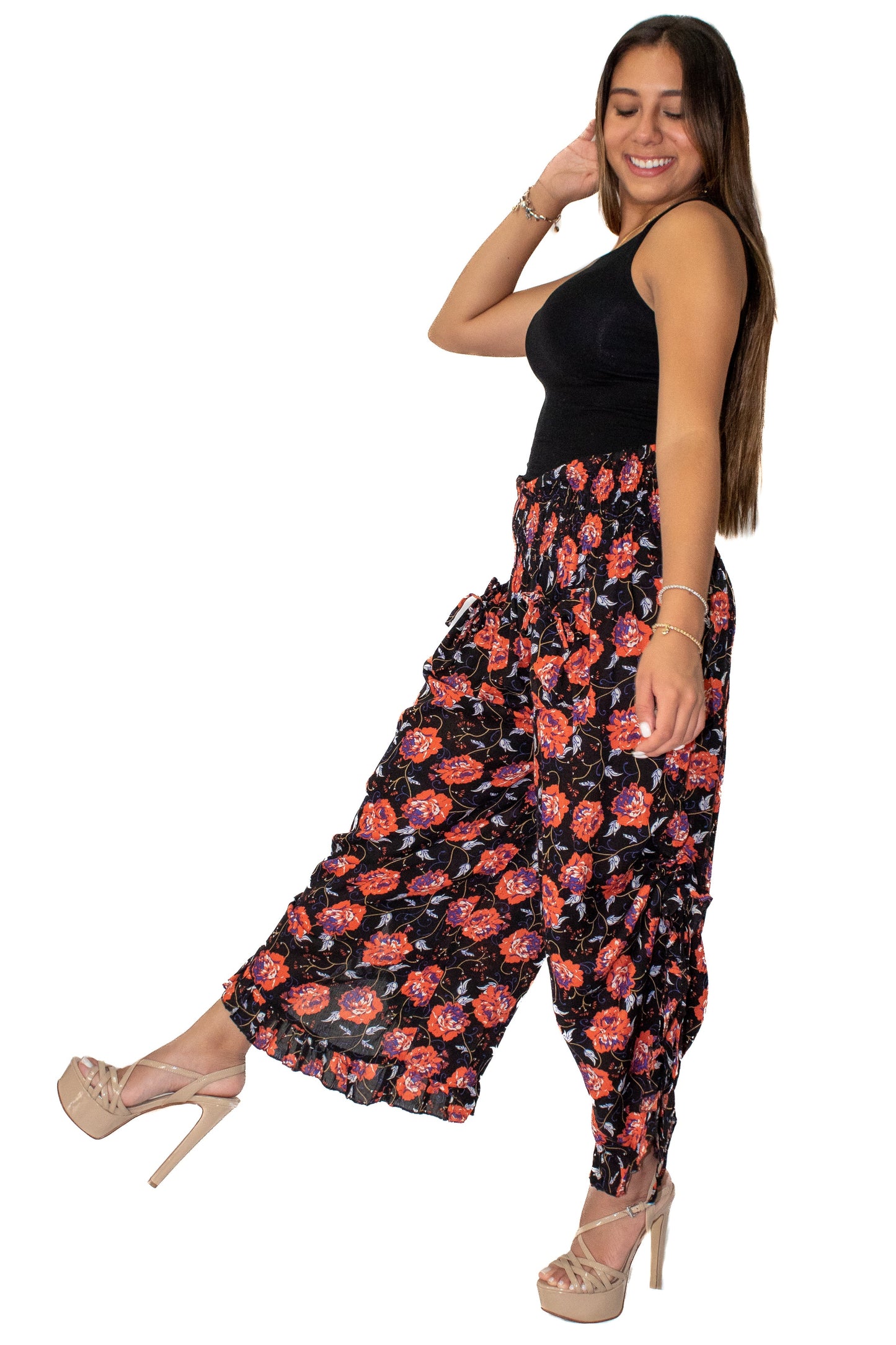Rayon Floral Printed Pants in Black (P-15)