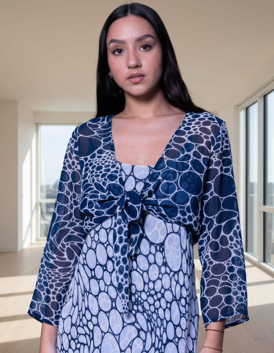 Navy Bubble Printed Poly Chiffon Shrug - 3825