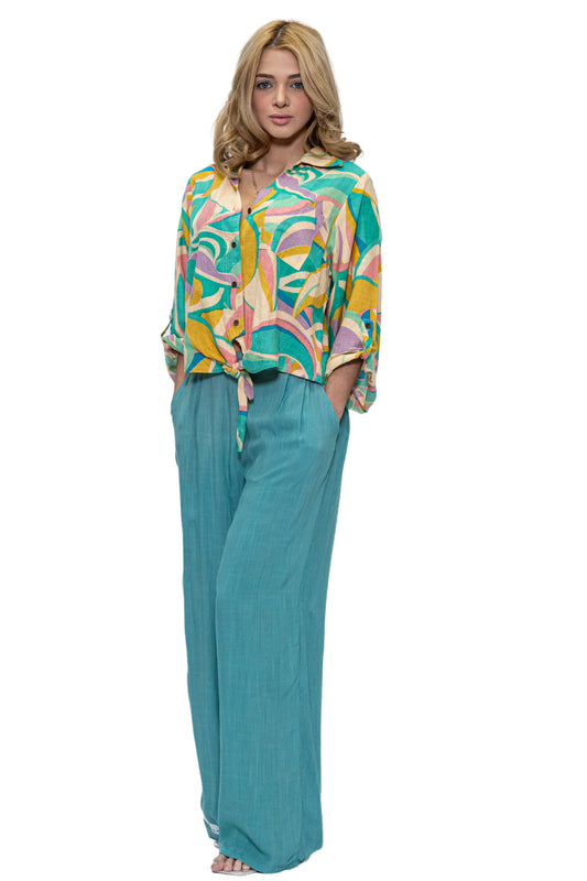 T-1005 Tie Knot Button Down Casual Blouse
