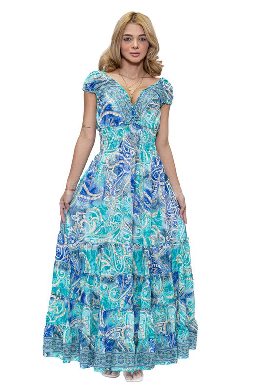 DK 7091 Smocked waist tiered maxi dress