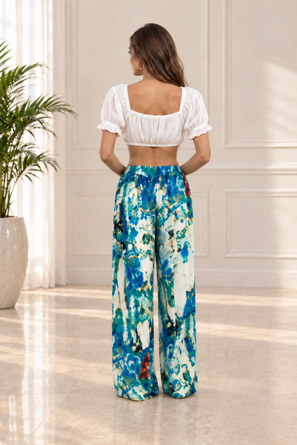 Green Abstract Print Poly Chiffon Pleated Pants – 683